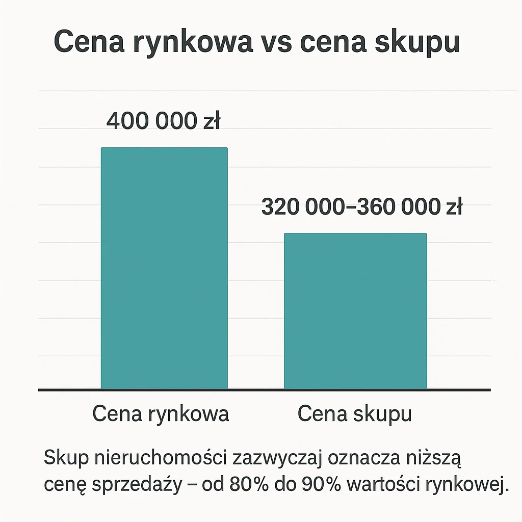 Wykres słupkowy porównujący cenę rynkową (400 000 zł) i cenę skupu (320 000–360 000 zł) mieszkania.