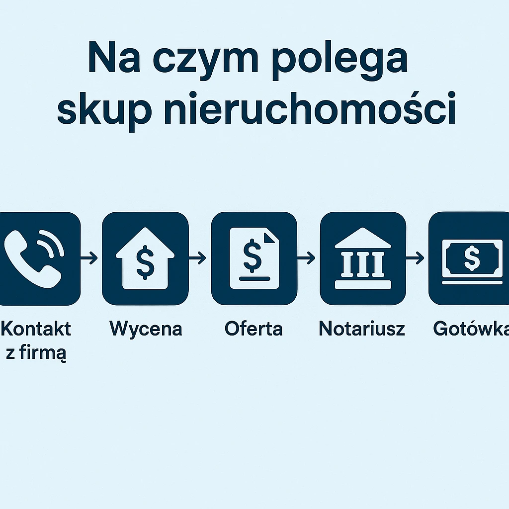 Schemat pięciu kroków: kontakt z firmą, wycena, oferta, notariusz, gotówka – uproszczona infografika procesu skupu nieruchomości