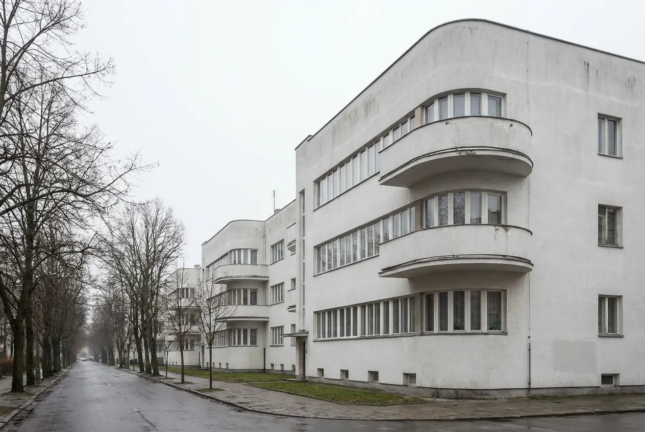 Modernistyczna kamienica w śródmieściu Gdyni z zaokrąglonymi balkonami